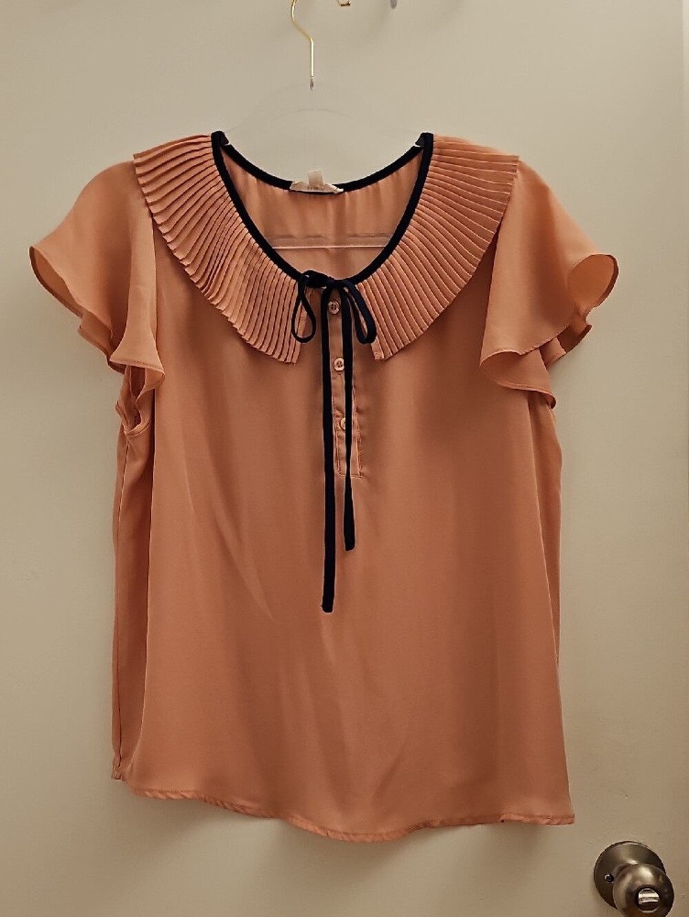 mine Peach Pleated Collar Blouse with Black Trim - Picture 3 of 4